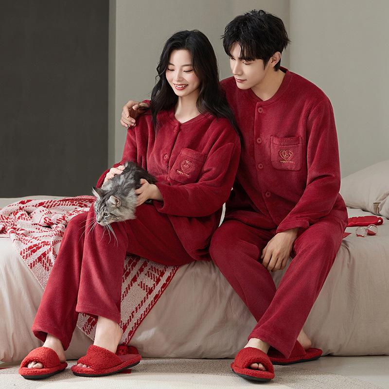 Fleece Thickened Flannel Red Pajamas Wedding Couple Suit Autumn And Winter Coral Fleece Men'S And Women'S Loungewear
