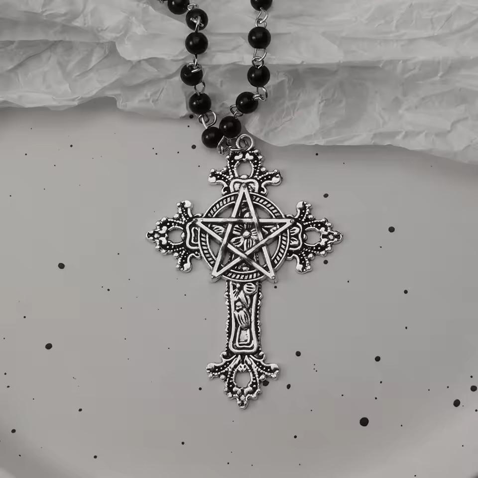 Gotische Vleermuis Kruis Donker Hanger Ketting Set, Y2K Gepersonaliseerde Doorn Liefde Zwarte Kraal Gestapelde Ketting Set, Geschikt als Halloween G