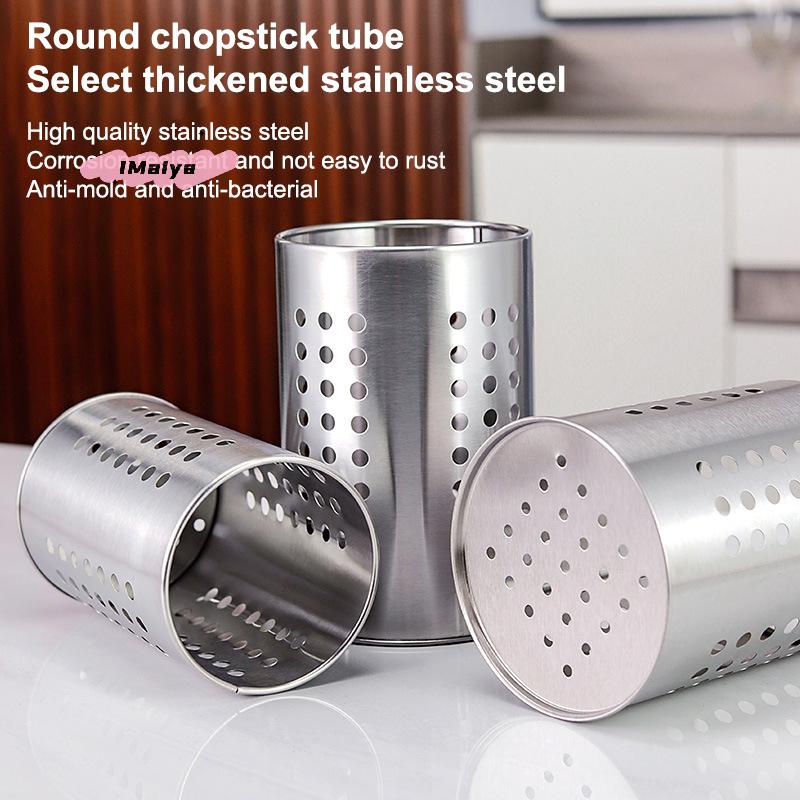 Stainless Steel Chopsticks Tube High-Capacity Kitchen Utensils Storage Bucket with Round Hole Hollowed Out Drain Feature