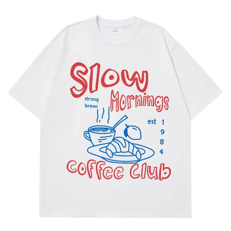 

Slow Mornings Graphic T-shirts Trendy Coffee Club T-shirt Retro Coffee and Croissant T Shirt Breakfast Club Cotton Casual Tees S разноцветный
