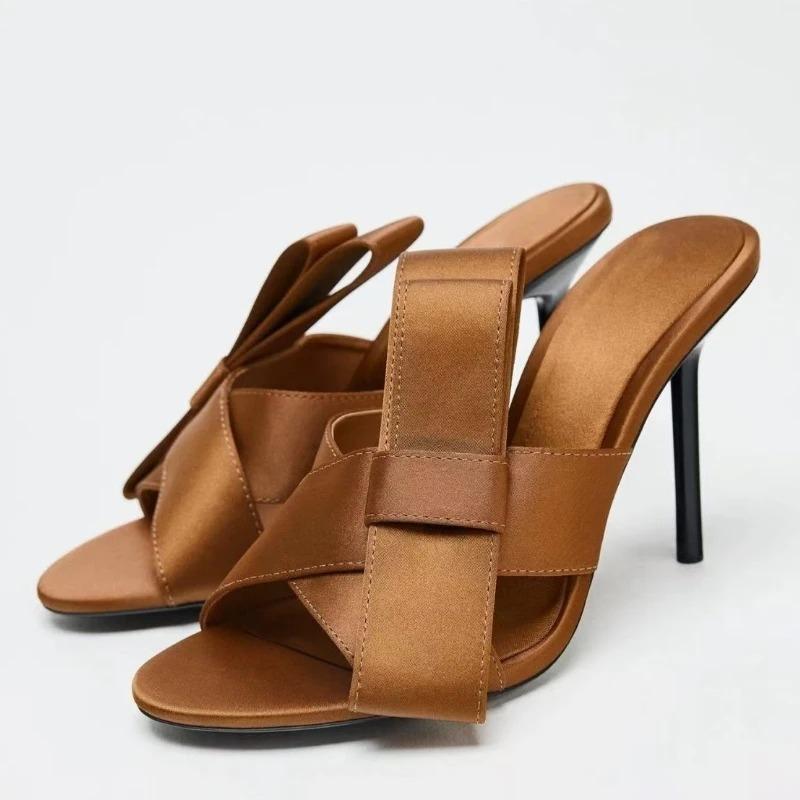 Black Bow Decoration High Heel Slippers Women Elegant Cross Tied Thin Heel Slide Sandals Comfortable Open Toe Party Dress Shoes