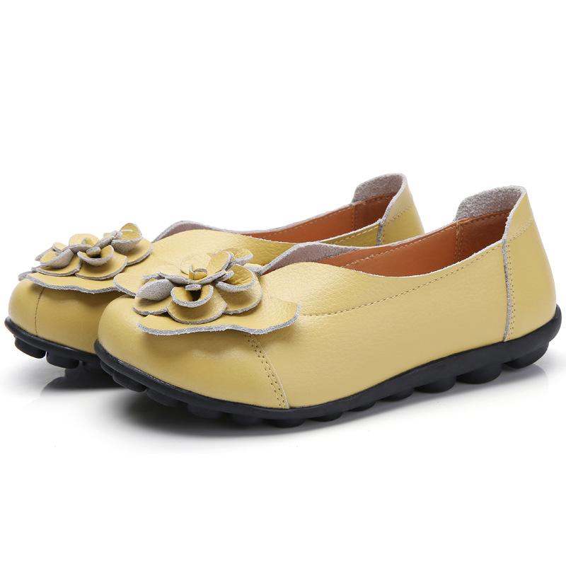 Spring Summer Cowhide Flower Mother Shoes Comfortable Bean Women's Shoes Flat Shoe Women's Singles Shoes