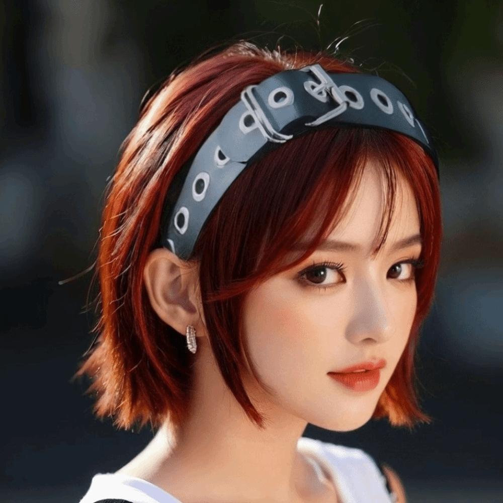 Leather Buckle Punk Rivet Hairband Dark Black Vintage Gothic KC Headband Fabric Band Matte Color Leather Hair Hoop