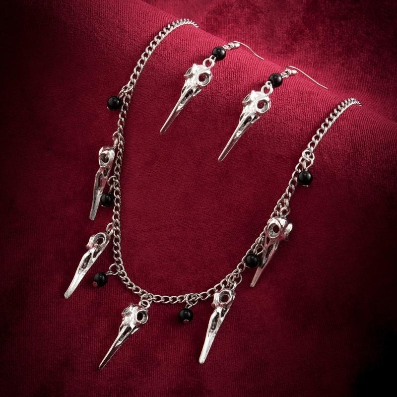 Gothic Choker Earrings Punk Skull Pendant Necklace and Earrings Set Jewelry