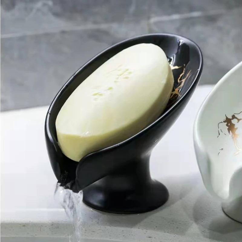1Pc Soap Box Ceramic Leaf Shape Drain Soap Dish Shower Soap Holder Plate Sponge Storage Container For Kitchen Bathroom Supplies