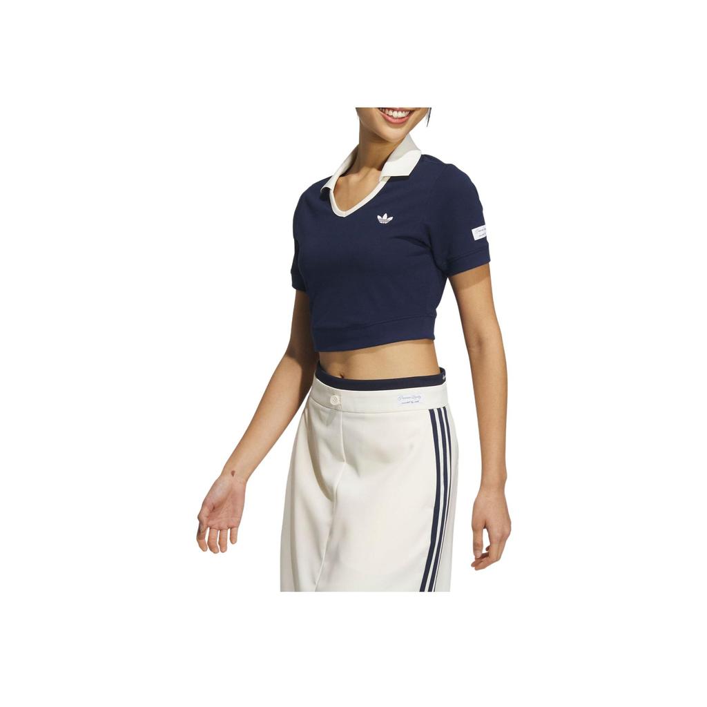 Adidas Originals X Notitle FW23 Contrast V-Neck Crop Polo Shirt Women Tops Blue IN1083