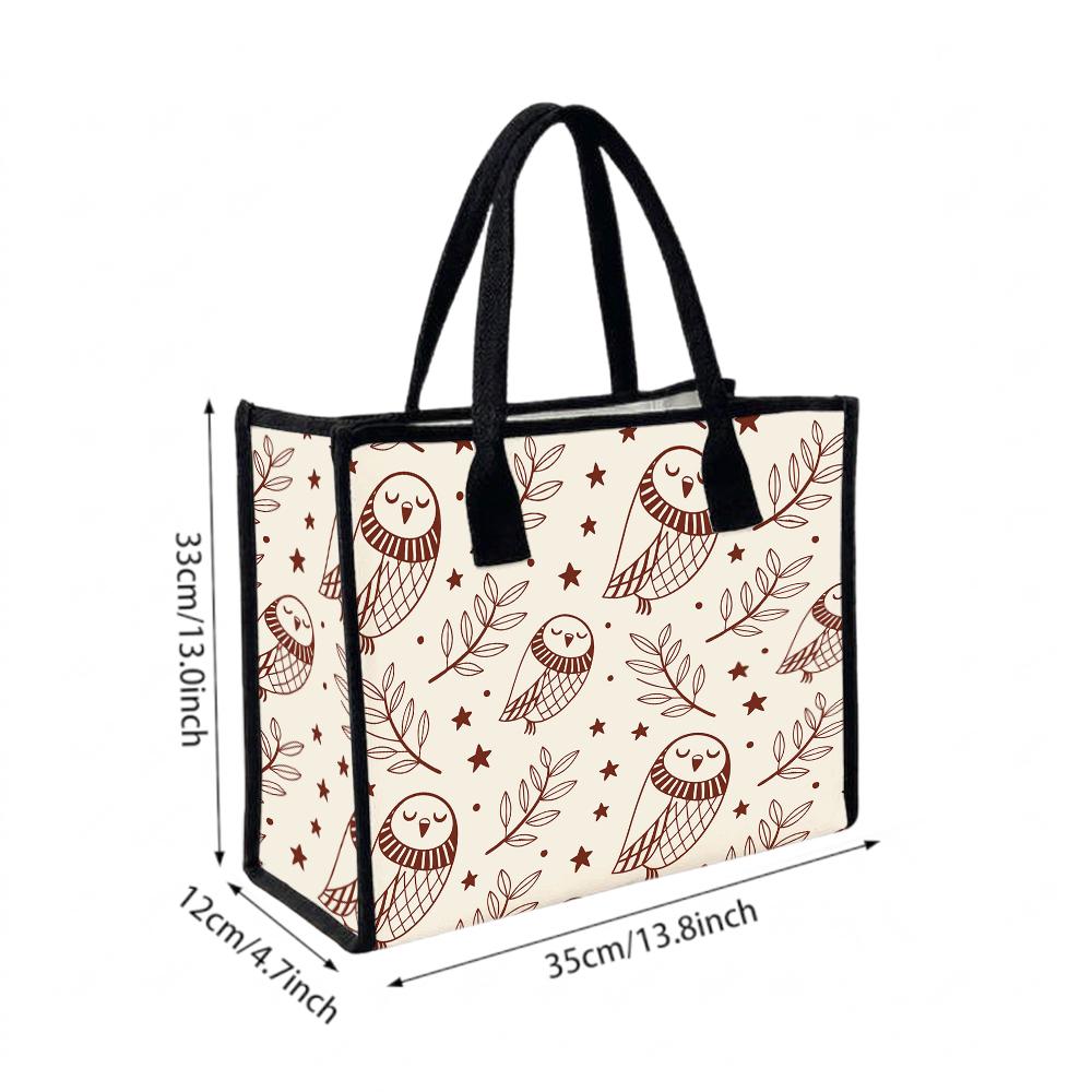 Cute Owl Printed Canvas Tote Bag Casual Lightweight Portable Shopping Handbag for Daily Use