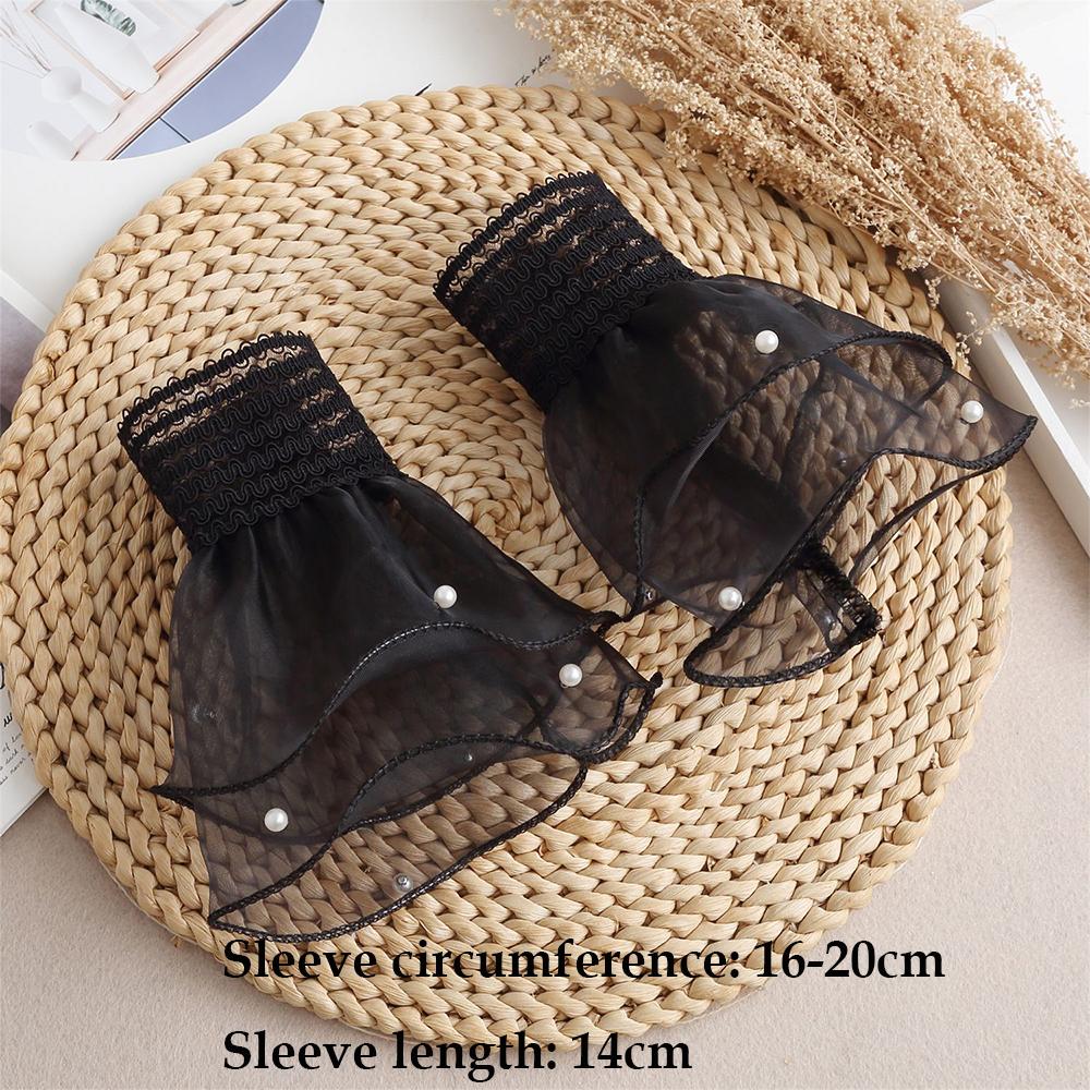 Women Mesh Lace Cuffs Detachable Artificial Pearl Sleeves Wedding Bridal Sweater Cuff Halloween Costume Cosplay Accessories 2Pcs