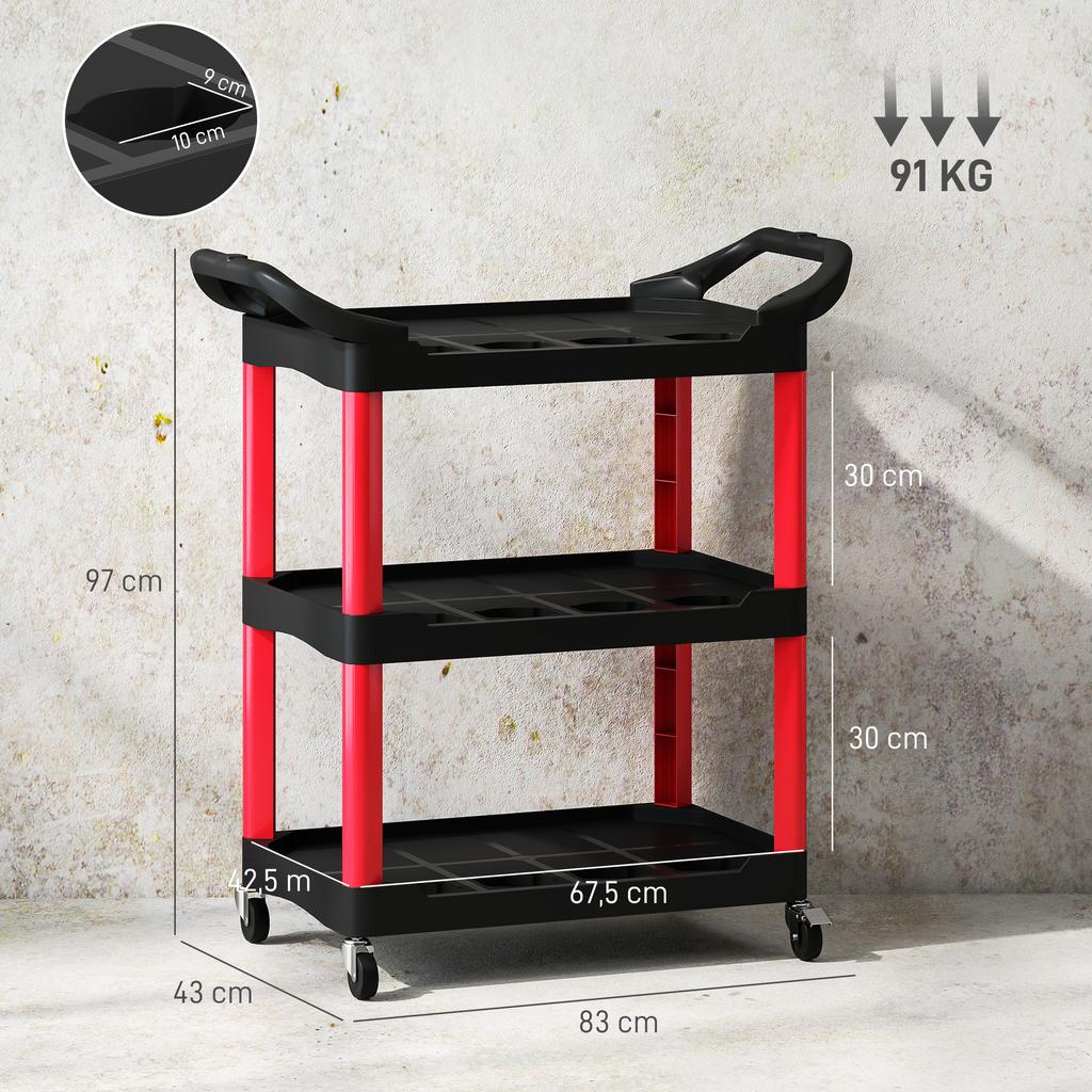 3-Tier Rolling Tool Cart, Tool Trolley On Wheels, Plastic Mobile Service Utility Cart with Handles for Garage, Mechanics and Warehouse, 91kg Capacity