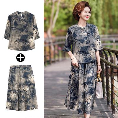 Women's Chinese Style Summer Two-Piece Set - T-Shirt & Wide-Leg Pants