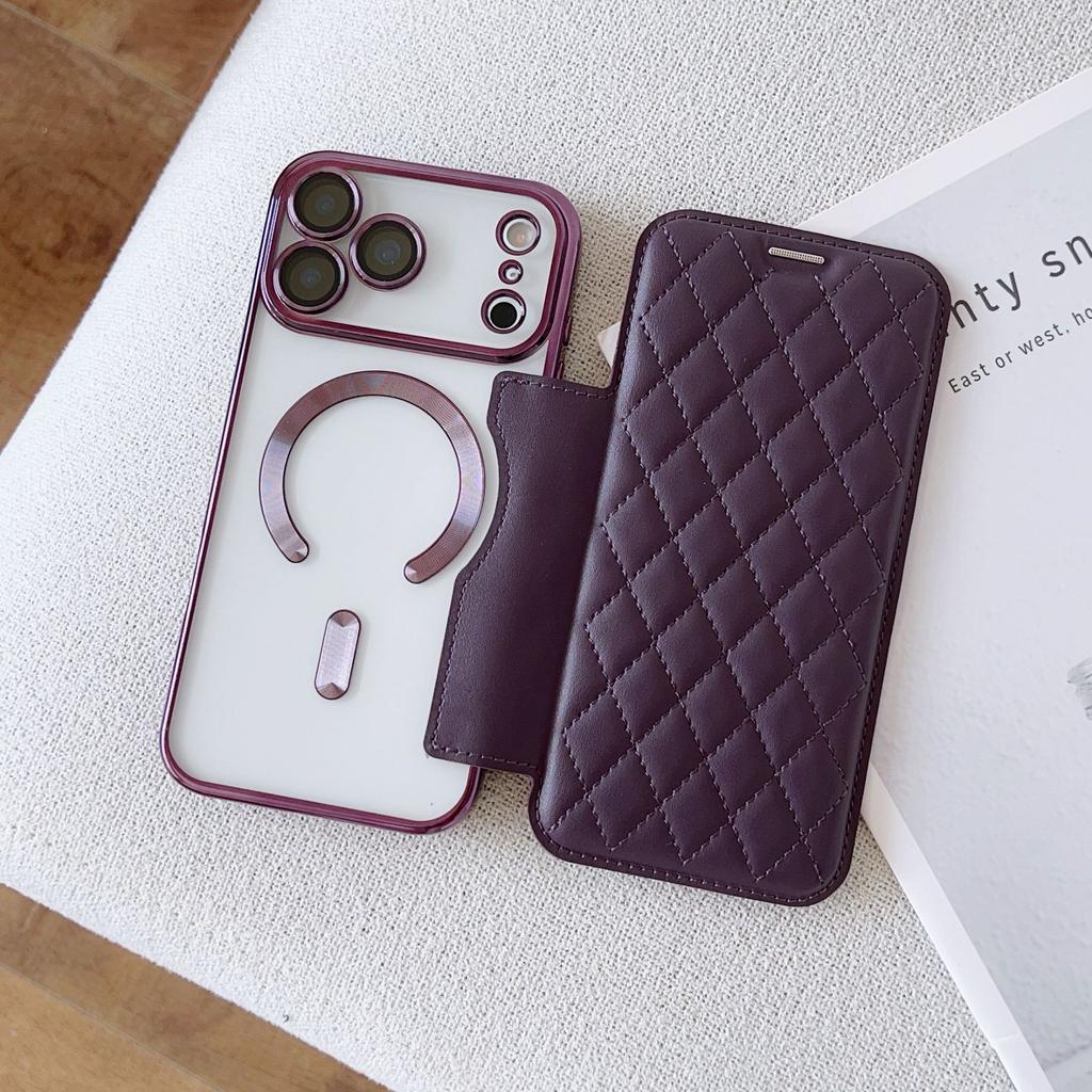 Applicable To iPhone17 Magnetic Mobile Phone Case Rhombus Flip Card Leather Case 17pro Electroplating 17 Anti-drop Protective Case
