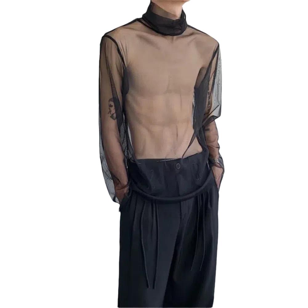 High Collar Transparent T-shirt Streetwear Mesh Top Men Chic Long Sleeve T-shirt  Party