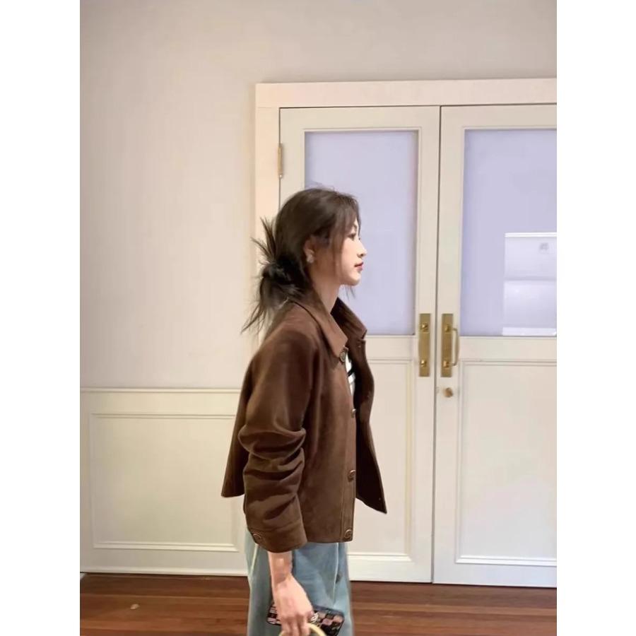 Kadınlar için Kahve Sahte Süet Kısa Ceket, İlkbahar ve Sonbahar için Bol Kesim Vintage Mont