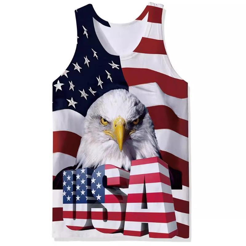 Men's O-Neck Eagle American Flag Pattern Print Tank Tops 3D Printed Vest Loose Sports Fitness  Sleeveless Shirt