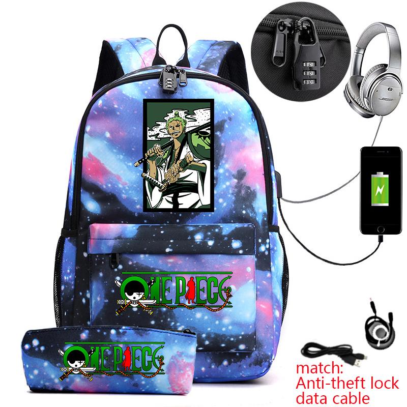 One Piece Zoro Print Anti Theft School Backpack Student Bookbag with Pen Case for Kids Teens