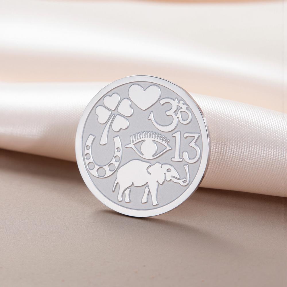 Dawapara Good Luck Symbols Brooch Elephant Clover Hoeseshoes Evil Eye Religious Spiritual Amulet Stainless Steel Lapel Pins