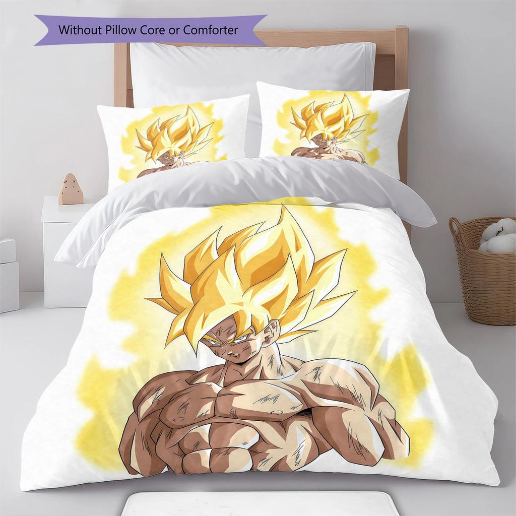 Pościel z Wzorem Son Goku, Zestaw Kołdry Poszewka na Kołdrę Poszewka na Poduszkę Domowy Prezent Urodzinowy (1 * poszwa na kołdrę + 2 * poszewki na poduszki, bez rdzenia)