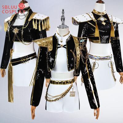 SBluuCosplay Kpop Huntrix Zoey Mira Rumi Cosplay Kostium Cosplay Łowców Demonów Peruka Kobiety Czarny Złoty Garnitur Sukienka na Imprezę Halloween