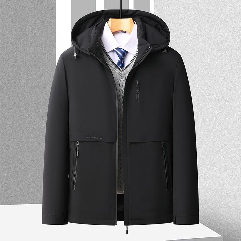 Herren Mittellange Kapuzen Daunenjacke Winter Warm Lässig Pufferjacke Mittleren Alters Herren Schwarz Khaki Marine