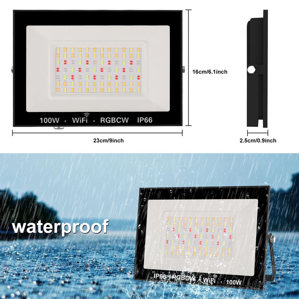 T-sunrise 100W RGB Smart Floodlight Outdoor Spotlight IP66 Remote Control Warm Cool Lighting WIFI Control for Alexa EU UK Plug