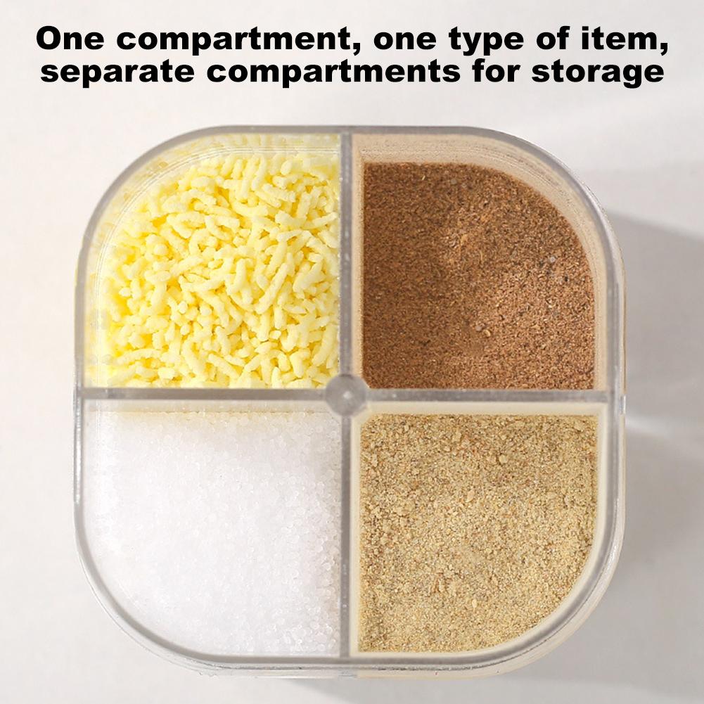 NEW 4-in-1 Transparent Seasoning Dispenser Jar 4 Grids Spice Container with Lid Salt and Pepper Shaker for Travel Picnic Cooking