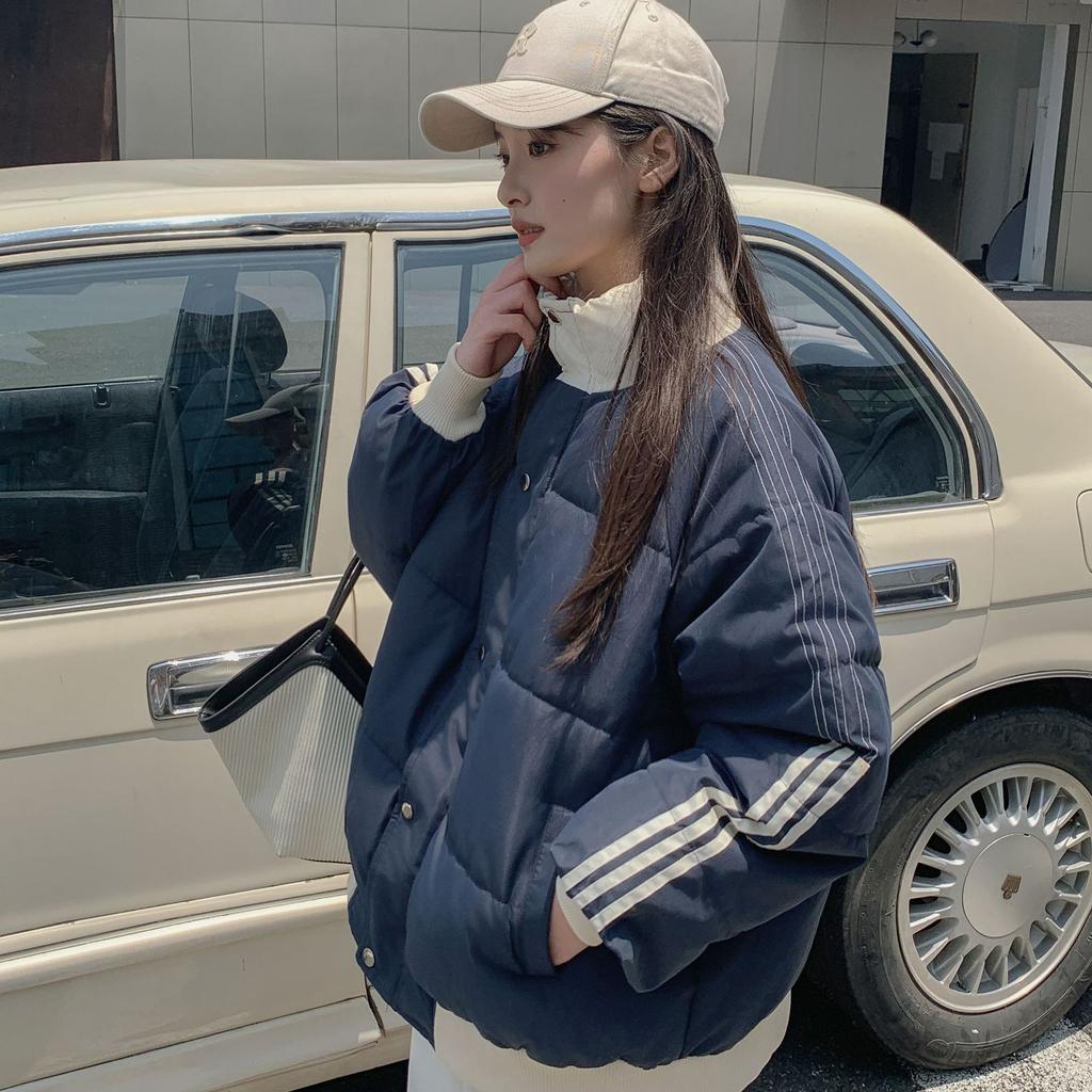 Splicing Contrast Thickened Stand-up Collar Padded Clothes for Schoolgirls 2025 Winter Design Striped Cotton Jacket Bread Jacket Jacket