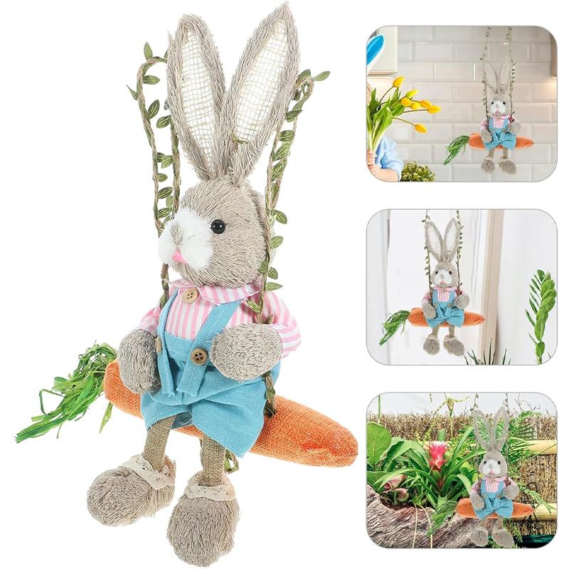 13.8Inch Easter Rabbit Decoration Swing Bunny Figure Straw Craft Ornament For Home Holiday Cute Bunny Easter Decoration