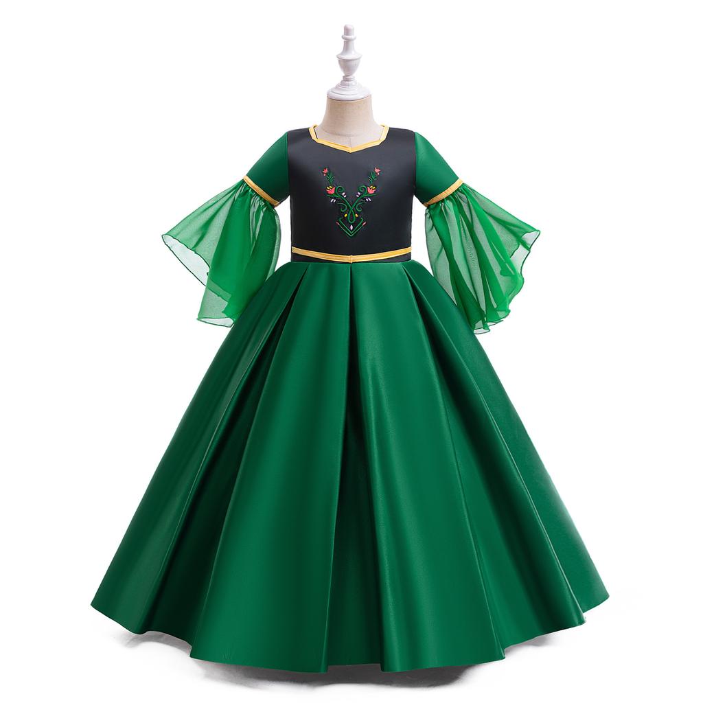 Performance Costume Girls Dresses Green Satin Embroidered Puff Sleeve Girls' Formal Gown