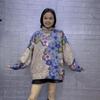 Blue Rhinestone Flower Stand Collar Sweater - Women's Plus Size, Long Sleeve, Thick Knit, 2024 Autumn/Winter Collection