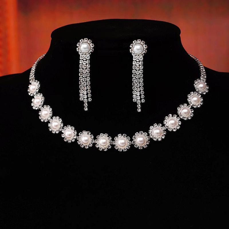 Pearl  Flower Necklace Earring Set Simple Everything Choker Clavicle Chain Earring Set