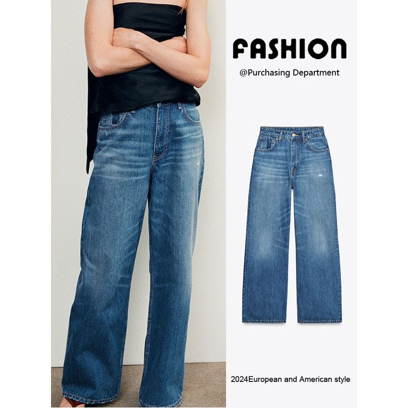 Za2025 Autumn New Women clothes Versatile Slimming Ripped Decoration Fashion High Waist Baggy jeans 8727010