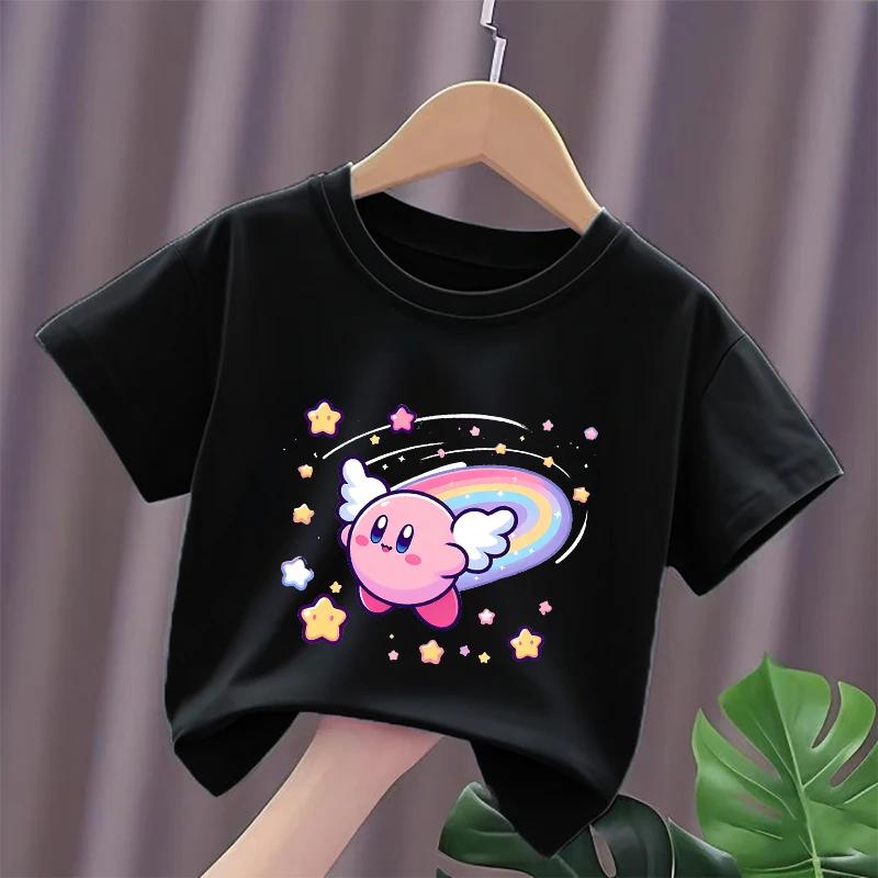Kirbys Hemd Sommer Rundhals Rundes T-Shirt Baby Baumwolle Kurzarm Oberteile Mädchen Einfarbige Kinder Gedrucktes Anime Weißes T-Shirt Niedliche T-Shirts