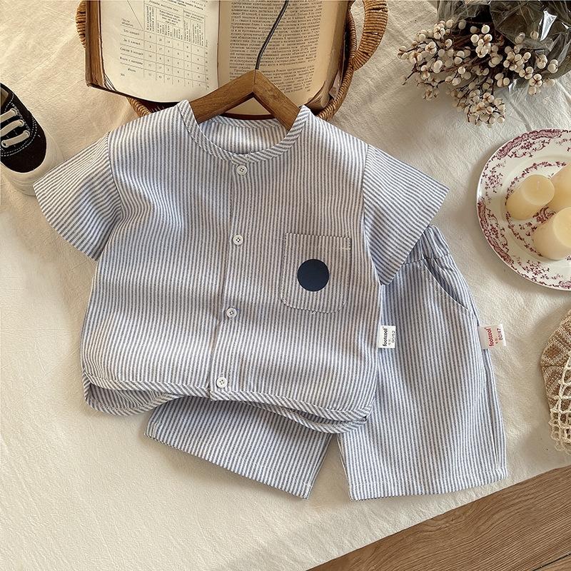 

2 шт./компл. Летняя детская мода, полосатая футболка, шорты, костюм для малышки, детская повседневная одежда, детские спортивные костюмы 120 синий