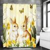 ~O~Easter Bunny Spring Shower Curtain, Cute Bunny Watercolor Greens Rustic Farmhouse Holiday Polyester Bathroom Decor with Hooks
