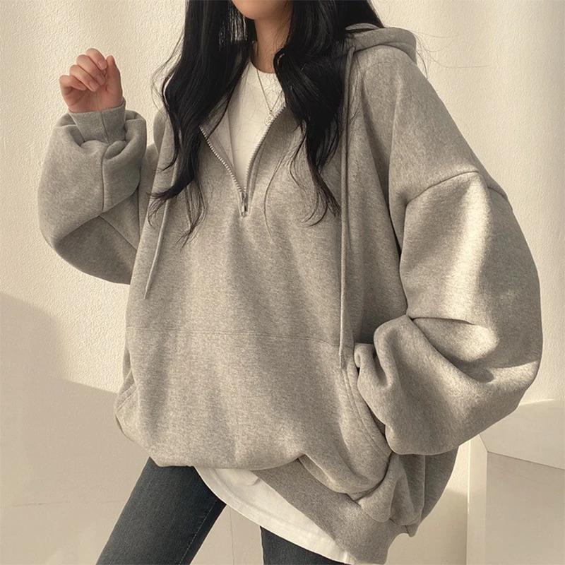 Damen Cardigan Hoodie Streetwear Grau Harajuku Oversized Oberteil Sweatshirt Damen Lässig Langarm Tasche Kapuzenmäntel
