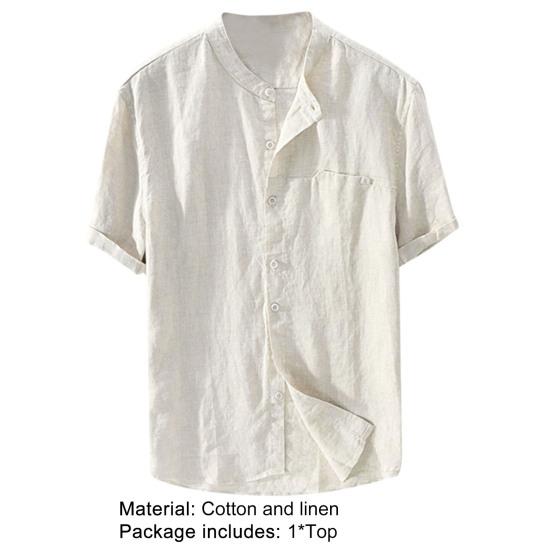 Men Shirt Solid Color Stand Collar Summer Loose Single-breasted Top for School