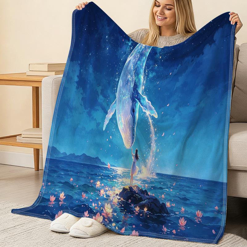 Anti-Pilling Warm Fleece Blanket Dreamy Whale Soft Cozy Throw, Ideal for Postpartum, Home, Office Naps, Halloween & Christmas