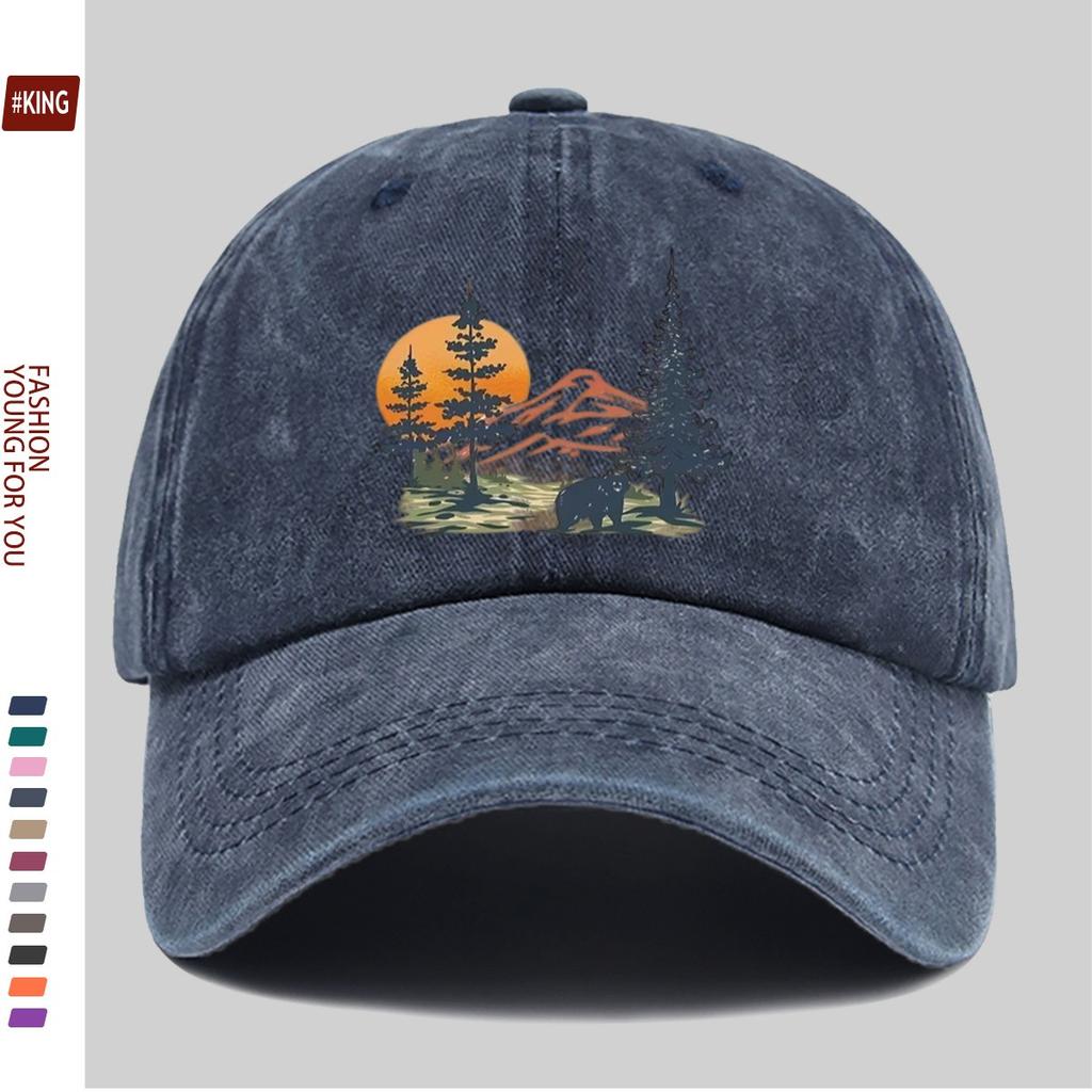 Mountain Bear Sunset Graphic Washed Cotton Baseball Cap Outdoor Adjustable Snapback Hat