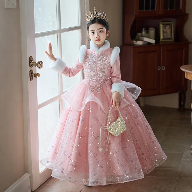 Girls Formal Dress Wedding Piano Performance Winter Thick Fleece Princess Gown