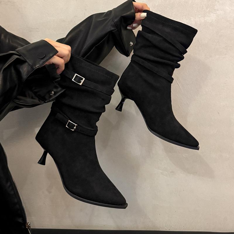 

Fashion Pleated Thin Folio Single Boots Autumn New Pointed Toe Sleeve Metal Buckle Anti-Slip Wear-Resistant Short Cylinder Stack Boots 40 чёрный
