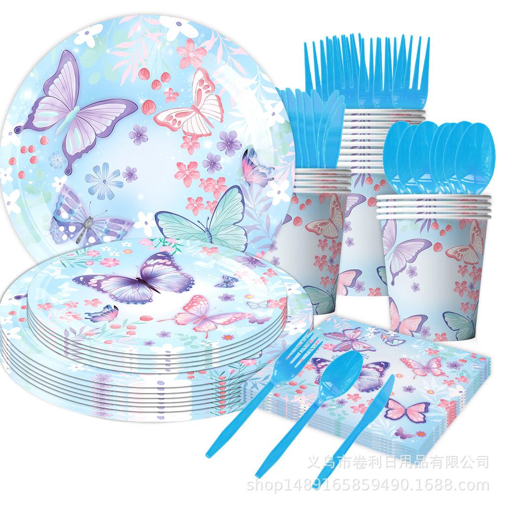 Custom Butterfly Theme Party Blue Butterfly Party Decoration Arrangement Props Banner Pulling Flag Paper Plate Paper Towel Paper Cup