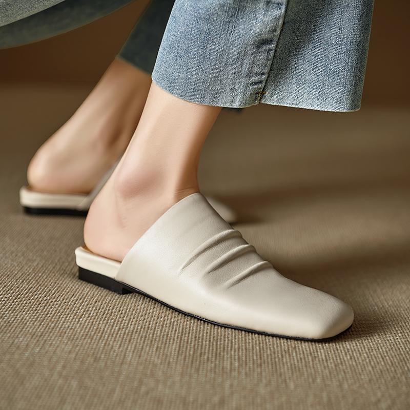 Fashion 2025 New Sandals Women's Genuine Leather Square Toe Slip-on Flats Summer Slippers Soft Comfortable Casual Female Outdoor Mules