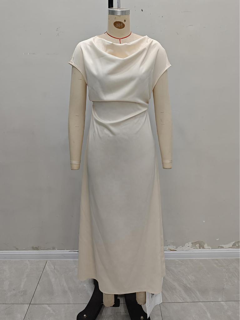 Elegant Satin One-Shoulder Lace-Up Dress - Slim Fit, Solid Color, European & American Style