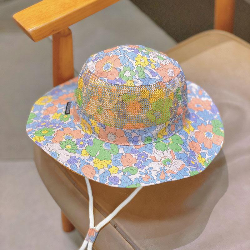 6-8Y Kids Summer Mesh Breathable Fisherman Hat Sweet Floral Strawberry Print Children Girls Sunshade Panama Cap Wide Brim Sunscreen Bucket Hats