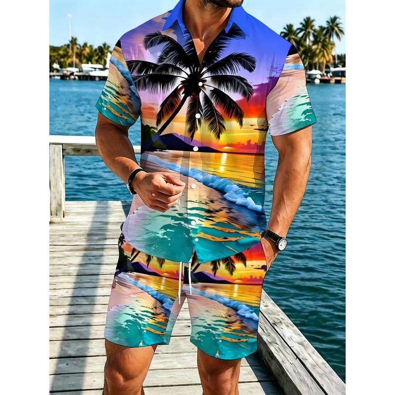 Herren Tropischer Sonnenuntergang Palmenprint Hemd und Shorts Set Sommerurlaub Polyester Strandkleidung M black