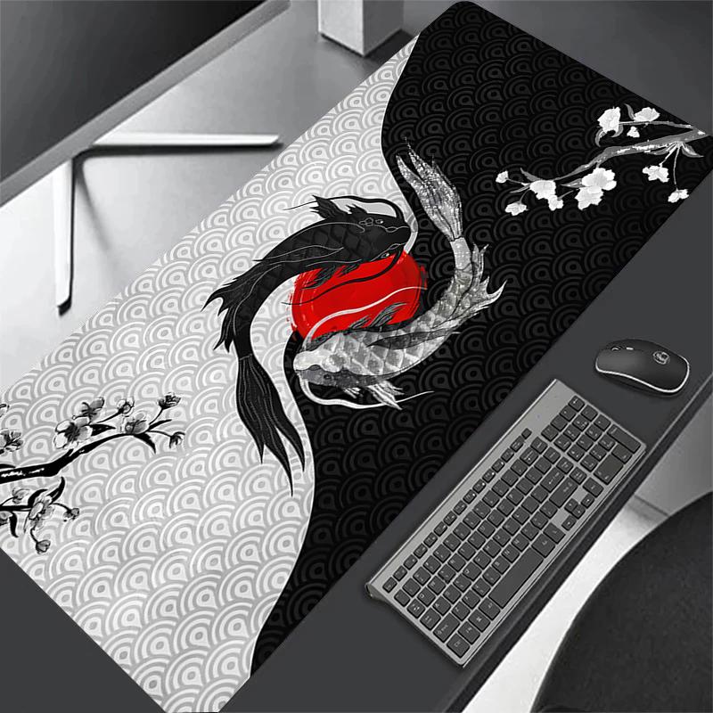 Japanese Desk Mat Black & White Mouse Pad Koi Fish Japan Art Seal Yin-yang Fish Large XXL Gaming Deskmat Rubber Mousepad 80x30