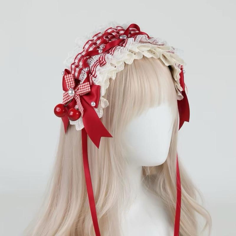 Lace Hairband Hair Barrette with Red Cream Styling and Fabric Ribbon Finish for Decorative Outfit Coordination and Photo Use