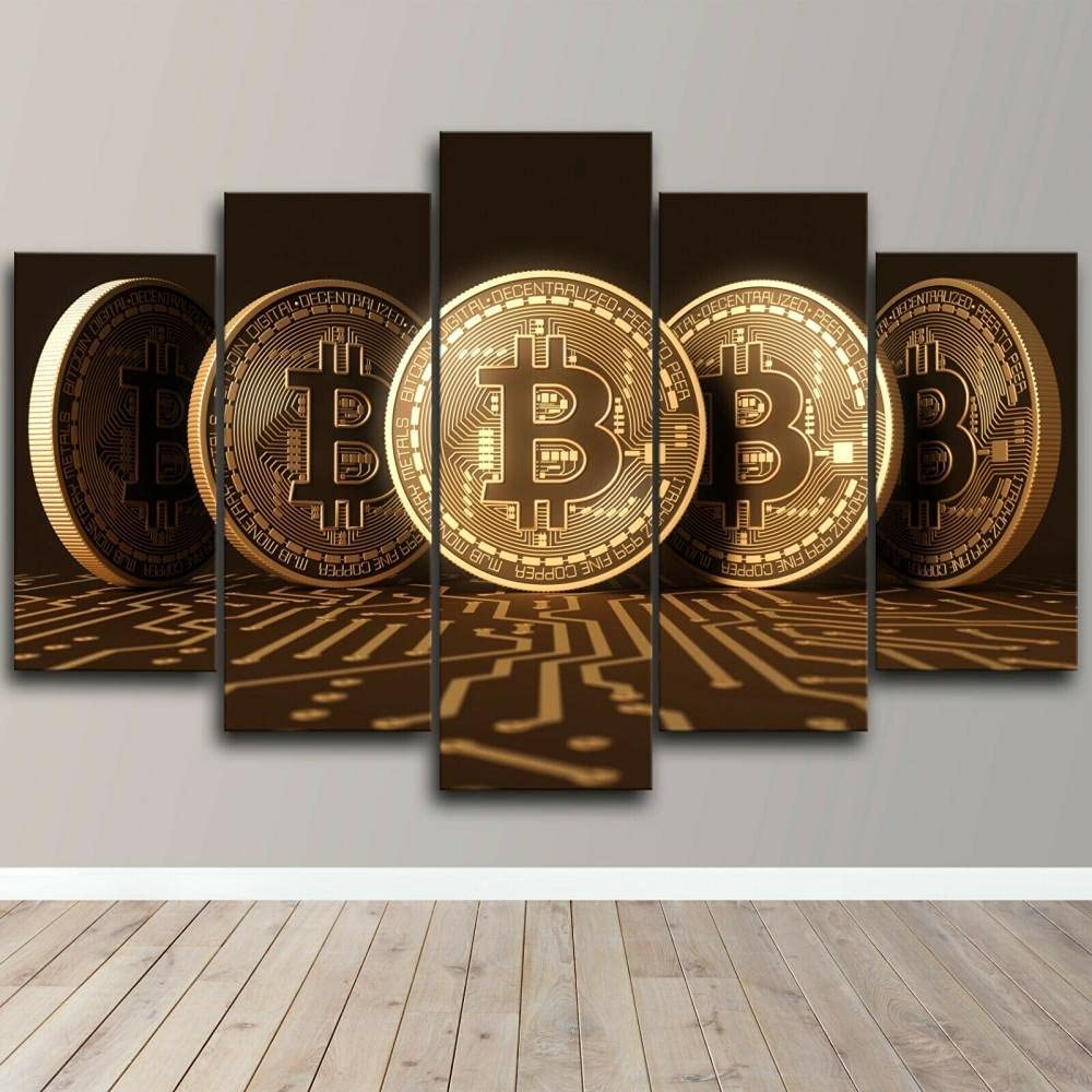 Silberne und goldene Bitcoins Krypto BTC 5 Stück HD Wandkunst Leinwand Poster Malerei für Wohnzimmer Heimdekoration Bild Dekorationen