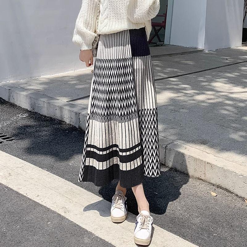 Versatile Flared Pleated Women's Autumn Winter High Waist Thickened Knitted Wool A-Line Hip-Hiding Long Midi Skirt