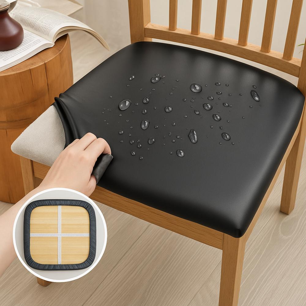 Simple PU Leather Dining Room Chair Covers Waterproof Solid Color Chair Seat Covers Removable Chair Cover